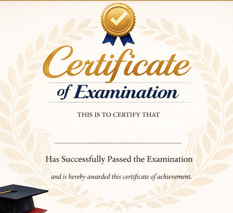 A certificate image for someone taking an exam
